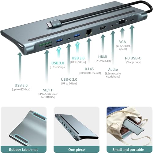 Image of USB HUB USB C Docking Station, 11 in 1 Dual Monitor Docking Station USB Dock of HDMI, VGA, Multiport Adapter with Ethernet, USB C 3.0, SD /TF, PD USB C, 3 USB A for All PC (USB C to 11 in 1 HUB)