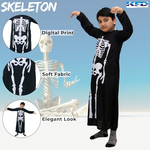 Image of Kaku Fancy Dresses Skeleton Costume for Kids with Gown & Teeth Mask | Scary Halloween Fancy Dress Outfit | Spooky Cosplay Costume for Boys & Girls - 5-6 Years