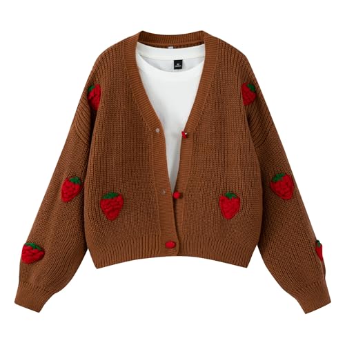 Image of FindThy Women's Kawaii Strawberry Embroidered Cardigan Long Sleeve V Neck Chunky Knitted Cardigans Tops