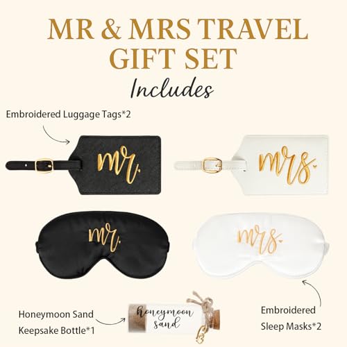 Wedding Honeymoon Travel Set for Couples. Embroidered Mr and Mrs Luggage Tags, Eye Masks, Keepsake Bottle, Wedding Gift, Anniversary Travel Accessories (Black White Gold Honeymoon Sand)3