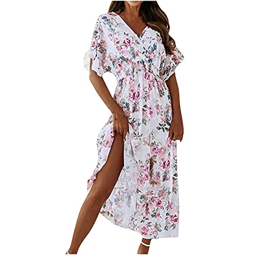 GOODTRADE8 Maxi Dresses for Women Summer Fashion Dress Short Sleeve V-Neck Flowers Print Beach Leisure Long Dress Boho Flowy White