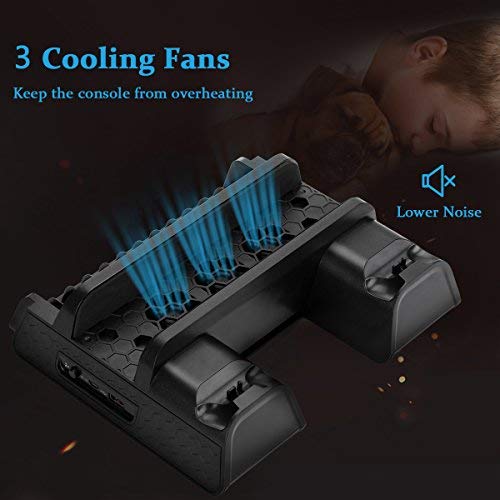 Cooling Dock for PS4/ PS4 Slim/ PS4 Pro, Multifunctional Vertical Stand with Dual Controller Charger Station, 3 Cooling Fans and 12 Game Disc Storage (Black)