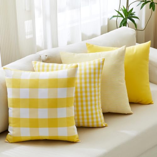 CARRIE HOME Yellow Farmhouse Plaid Outdoor Pillow Covers 18x18 Set of 4, Summer Decorative Accent Throw Pillow Covers 18 x 18, Neutral Yellow Pillows for Couch and Porch (No Pillow Inserts)