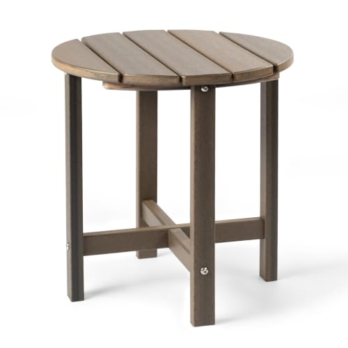 Image of Outdoor Side Table - Round All-Weather HDPE End Table with Realistic Wood Grain, Heavy Duty Composite for Patio & Garden (Brown Mixture)