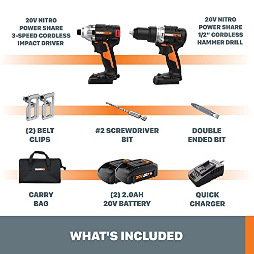 Worx Wx971L 20V Nitro Impact Driver & Hammer Drill Brushless Combo Kit #TOP5