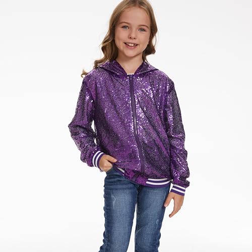 Girl Sequin Jacket Kid Sparkly Varsity Jackets Long Sleeve Lightweight Hooded Cardigan Metallic Shiny Coat3