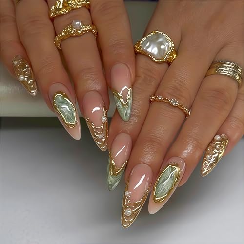24 Pcs Green Press on Nails Medium Almond Fake Nails Gold Glitter False Nails Sparkly Pearl Gilded Artificial Nails Cute Green Mirror Marble Pattern French Stick on Nail Acrylic Nail for Women