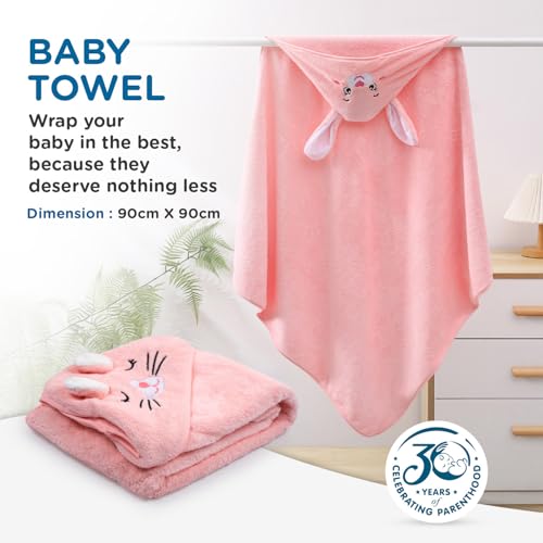 Image of Mee Mee Hooded Baby Bath Towel for New Born | Wash Cloth, Quick Absorbent, Can be Used for Baby Swaddling, Extra Soft Cotton Towels for Kids /Toddlers /Infants /Babies, Pack of 1, (Pink Rabbit) 80X80 CM