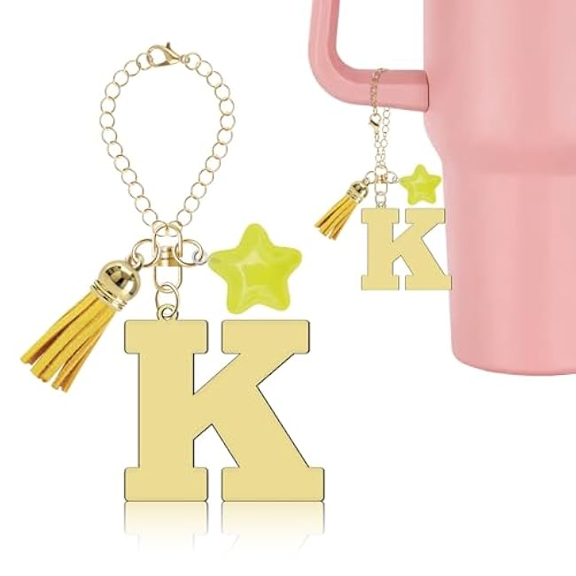 Gold Letter Charm for Stanley Cup Accessories, Cute Star Tassel Keychain Handle Charm, Monogram Water Bottle Chain