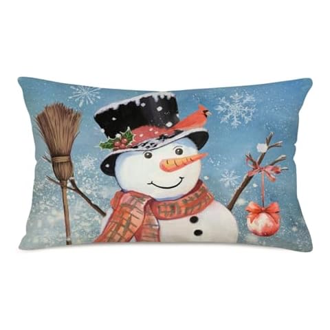 Qinqingo Christmas Throw Pillow Covers 12 x 20 Inch Cute Snowman with Branch Bird Pillow Cases Snowflakes Cushion Cover Decor Holiday Season Decorations for Winter Couch Cover