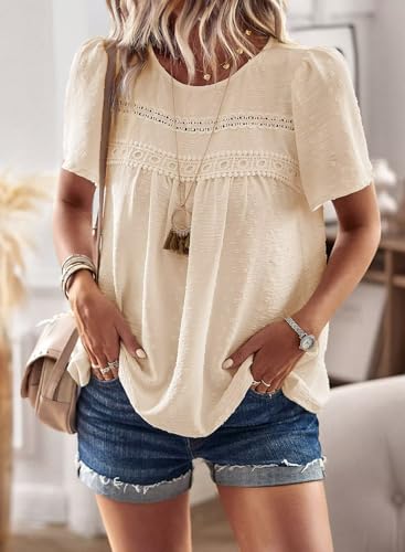 Image of Falechay Womens Summer Tops Crewneck Short Sleeve Shirts Casual Chiffon Blouses Flowy Lace Hem Boho Clothing Trendy 2026