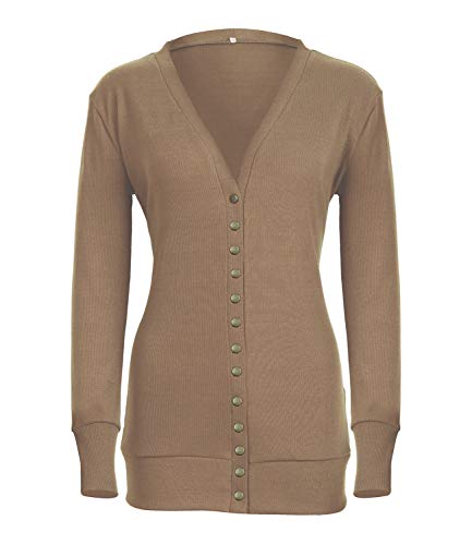 Women's V-Neck Solid Button Down Knitwear Soft Basic Long Sleeve Knit Snap Cardigan Sweater Brown M