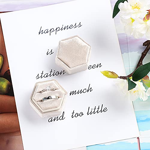 Etercycle Velvet Jewelry Ring Box, Hexagon Premium Gorgeous Vintage Double Ring Gift Box with Detachable Lid for Proposal Engagement Wedding Ceremony(Beige)3