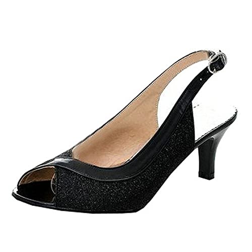 BEAUPAS Women's Peep Toe Kitten Heel Slingback Glitter Pumps Low Heel Sequin Buckle Shoes