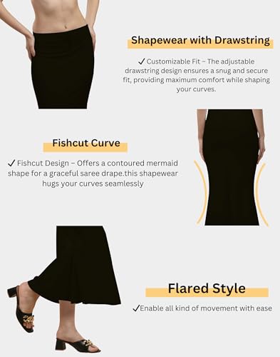 Image of Women's Polyester Blend Shapewear Patticoat Fishcut Flare Pattern Stretchable Drawstring Waist Maxi Length and Slim Fit Body Shaper Peticoat for Saree Daily Use Peticoat