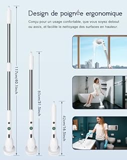 Brosse Nettoyage Rotative Électrique, Brosse de Nettoyage avec 4 Têtes de Brosse, Étanche IPX7, 350RPM 2 Vitesses, Affichage Numérique Batterie, Longueur Réglable pour Salle de Bain Cuisine Voiture