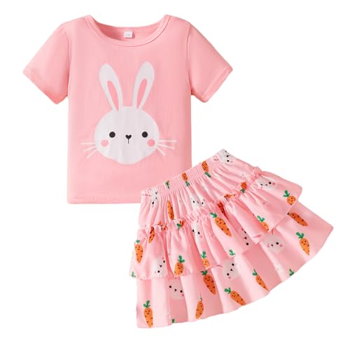 Image of Little Girls Skirt Set - 2 Piece Short Sleeve Top Shirred Tiered Skirt Outfit Girls Spring Summer Clothes 3-8 Years
