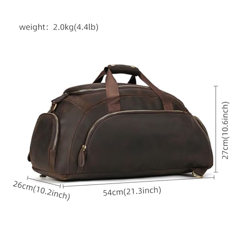 3 in 1 Genuine Leather Travel Bag Garment Duffel Bags, Versatile Convertible Backpack Carry on Gym Handbag with Shoe Compartment Shoulder Bag for Adult Men & Women, Brown2