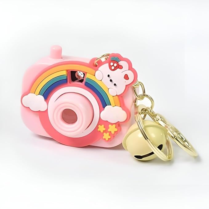 Charm Cute Rainbow Camera Shaped Keychain With Bell | Pink, Rainbow and Bear Design, Cartoon Silicone Key Ring for Kids & Girls | Cartoon Projection Camera Keychain Keyring for Bag, Car, Home-image-47