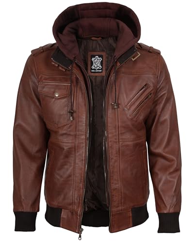 Image of fjackets Men Hooded Leather Jacket - Real Lambskin Men's Bomber Leather Jackets with Detachable Hood Stylish Casual Outerwear