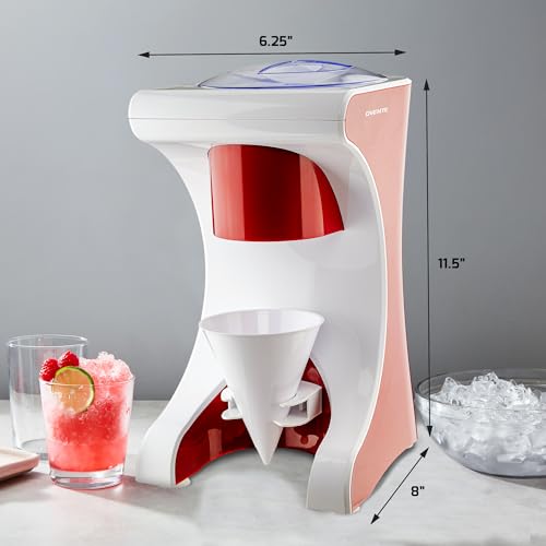 Image of OVENTE Shaved Ice Snow Cone Machine with Reusable Plastic Cup, Non-Slip Mat and Stainless Steel Blade, Kitchen Countertop Slushie Machine for Homemade Snowballs, Frozen Cocktails & More, Red ICR1505R