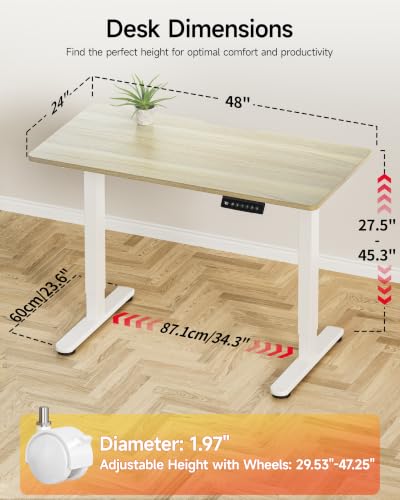 Image of Okin Standing Desk Electric Adjustable Computer Whole Piece Stand up Desk with Wheels Office Gaming Home Office Memory Desks 48x24 inches Cream Pecans
