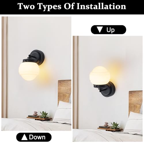 Image of Black Wall Light Fixture Vintage Wall Sconce Milk Glass Vanity Sconce Mid Century Wall Lamp for Bathroom Hallway Bedroom Living Room Kitchen Stairway (Hardwired, E26)
