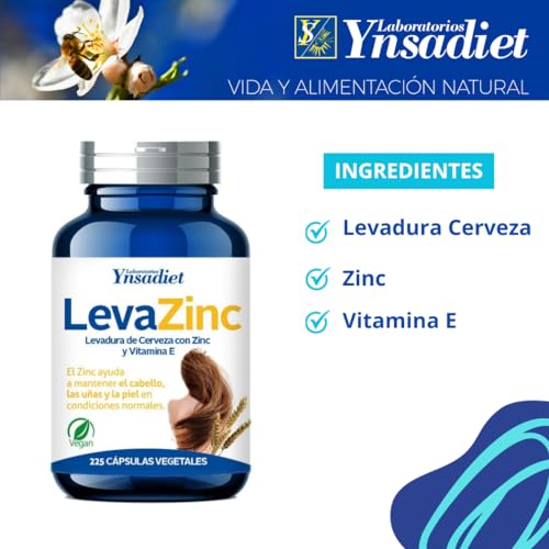 LEVA ZINC Complemento alimenticio de zinc, levadura de cerveza y vitamina E para ayudar a prevenir la caída del cabello también bueno para cabello piel y uñas Suplemento de vitaminas para fortalecer el pelo 225 cápsulas vegetales HIJAS DEL SOL vegano - imagen 2