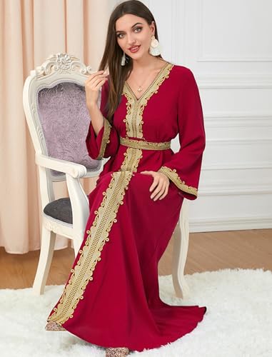 Image of FYMNSI Women Muslim Abaya Dress Islamic Dubai Modest Lace Belted Dress Abayas Kaftan Eid Prayer Clothes Arabian Maxi Robe