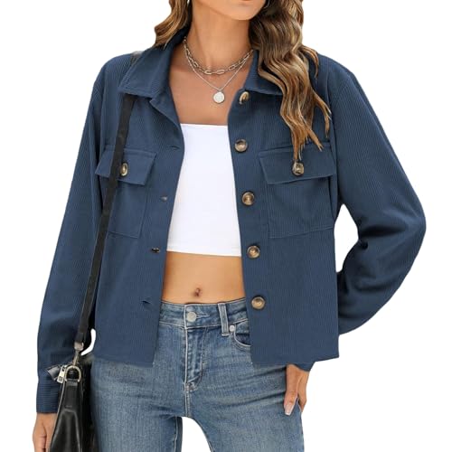 Wowcarbazole Womens Cropped Jackets Shackets Corduroy Button Down Shacket Tops Casual Trendy Lightweight Coats with Pockets