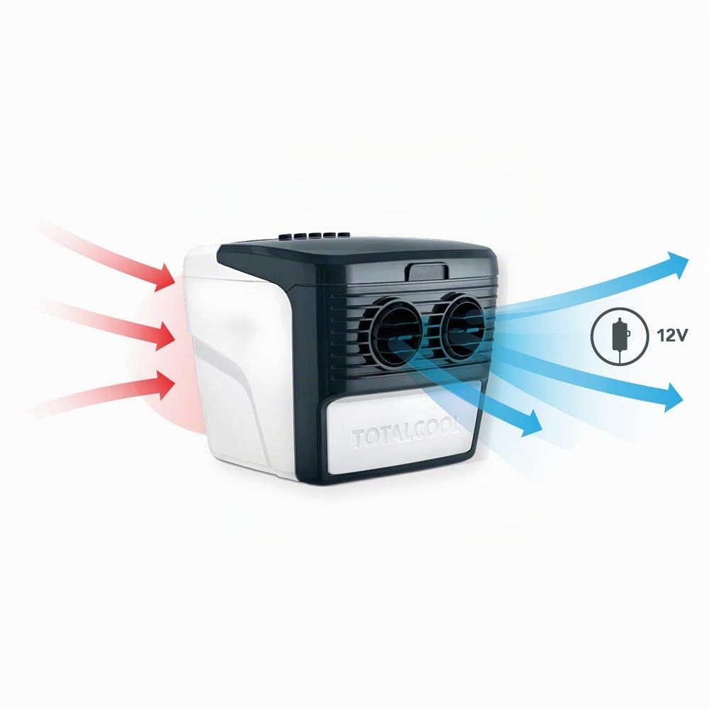 TotalCool Refroidisseur d'air portable 3000, système de refroidissement par évaporation, poids léger, faible consommation d'énergie, 12 V et alimentation secteur, blanc/gris