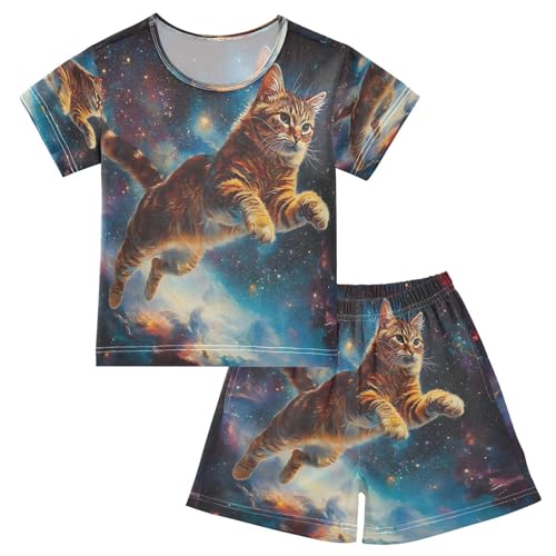 ALAZA Fly Cat Kitten Space Pajamas Set Short Sleeve Cotton Sleepwear Summer Pjs 2 Piece 5-14Y