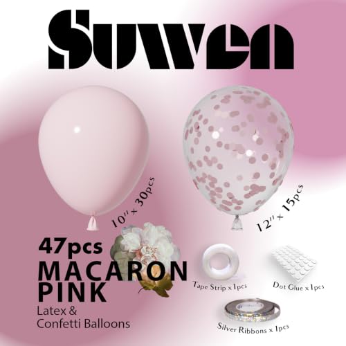 Image of SUWEN Light Pink Latex Balloons and Confetti Balloons Set 47PCS | Pastel Pink Helium Balloon for Birthday Anniversary Bridal Shower Party Decorations