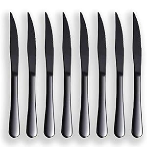 Schwarzes Steakmesser-Set, Kyrtaon Schwarzes gezahntes Messer, Titanschwarzes Edelstahl-Scharfmesser-Set, Tafelmesser-Set von 8, Spülmaschinenfest, robust und leicht zu reinigen