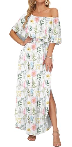 Image of AUSELILY Womens Off Shoulder Ruffle Split Summer Maxi Dresses with Pockets | Off-shoulder Ruffle dress with empire waist & side split for summer beach and casual parties