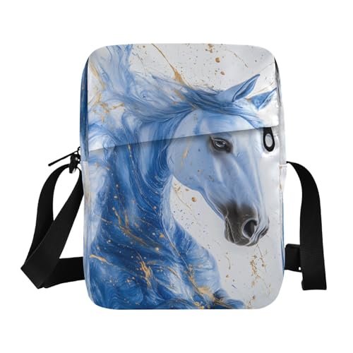 Crossbody Bag Blue Gold Marble Horse Messenger Bag for Women Men Purse Shoulder Bag Satchel Bag with Adjustable Strap 214B9247