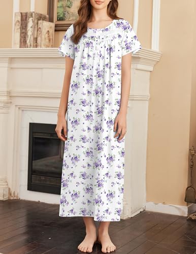 Image of Ekouaer Nightgown for Women Cotton Long Night Gown Short Sleeve Nightdress with Pockets Button Sleepshirt Soft Sleepwear