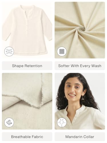 Image of SAADAA Women Short Kurti Airy Linen Regular Fit Kurta with 3 /4th Sleeves, Mandarin Collar, Side Slit Perfect for Casual, Formal, and Ethnic Wear