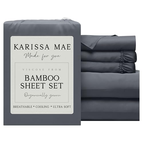 Image of KARISSA MAE Luxury Bamboo Viscose Split King Size Sheet Set, FSC Certified | Includes 2 Twin XL Fitted Sheets | Sleep Number & Adjustable Bed | Cooling | 18 inch Deep Pocket w / Corner Straps [Charcoal Grey]