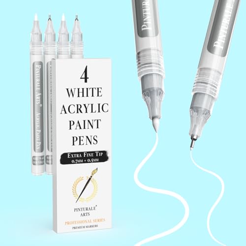 Pinturale Arts White Paint Pens Extra Fine Point | Set 4 White Acrylic Paint Pen Extra Fine Tip (0.7mm & 0.5mm) | For Black Paper Ceramics Rock Painting Glass Wood Canvas Metal