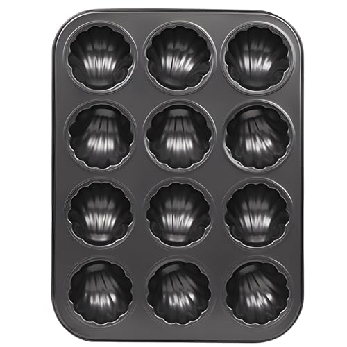 BOSREROY 12-Cup Mini Cake Mold, Nonstick, Carbon Steel, Fluted Design for Muffins, Brownies, and Madeleines, Oven Safe 450°F, Easy Release, Black