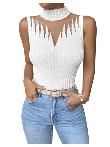 Image of Floerns Women's Mock Neck Sleeveless Sweater Vest Contrast Mesh Ribbed Knit Pullovers White Large