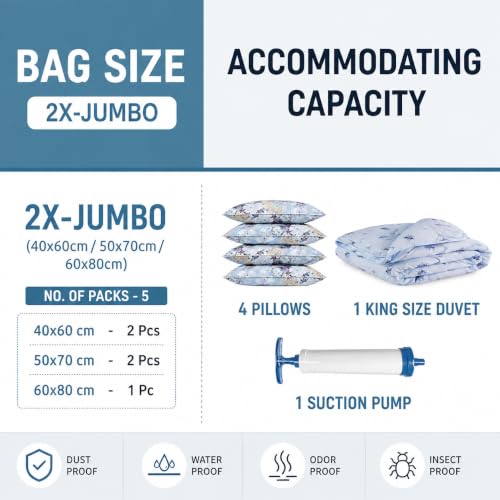 Image of Gismo Polyamide Polyethylene Vacuum Storage Bags (5 Pack) with Hand Pump | 1L /2M /2S Airtight Reusable Space Saver Compression Bags for Clothes, Blankets, Bedding & Travel | Zip Seal Luggage Organizer