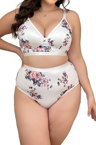 Women's Plus Size 2 Piece Lingerie Set Floral Sexy V Neck 3/4 Cup Bra High Waist Panty Matching Sets Underwear4