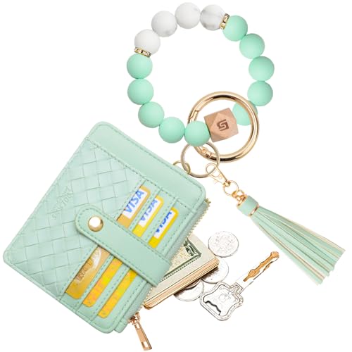 COOLANS Silicone Bracelet Wristlet Wallet Credit Card Holder RFID,ID Window,Key Ring Tassel,Slim Wallet Women Keychain Purse, Silicone Bead Bracelet+card Purse (Green), S