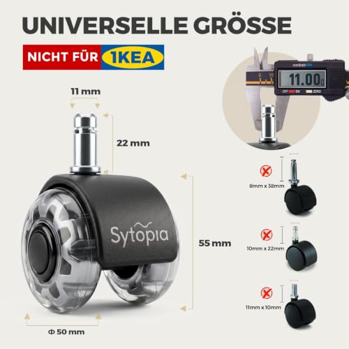 Sytopia Bürostuhl Rollen 11mm x 22 mm, 5er Set Rollen für Bürostühle, Super Leise und Weiche für Hartböden, Parkett, Teppich, Laminat… – Ansicht 2