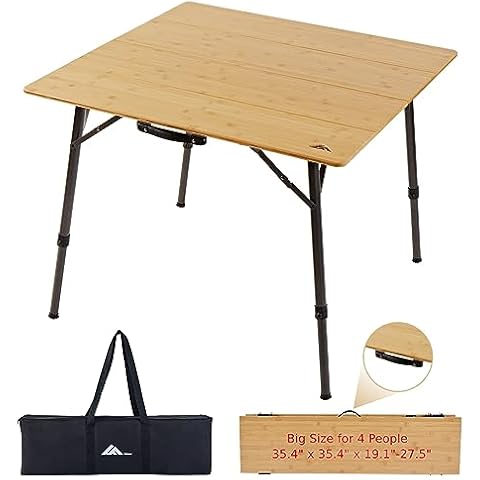 Ablazer Camping Table Bamboo Folding Table with Handle, Adjustable Height Portable Table for Camping, Picnic, Outdoor and Indoor, 4-Fold Natural Bamboo Top (1-4 People) Cover