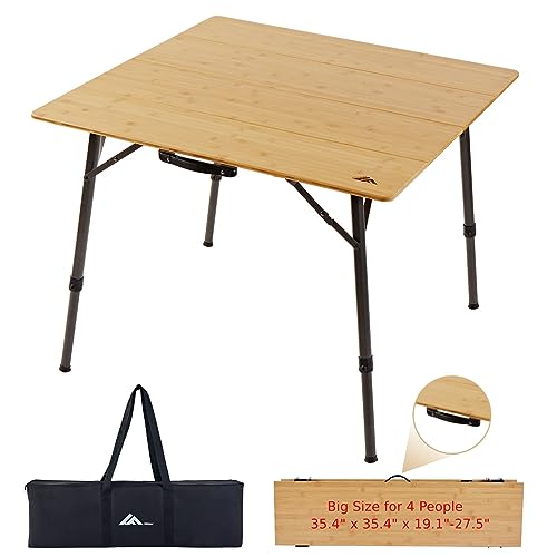 Ablazer Camping Table Bamboo Folding Table with Handle, Adjustable Height Portable Table for Camping, Picnic, Outdoor and Indoor, 4-Fold Natural Bamboo Top (1-4 People)