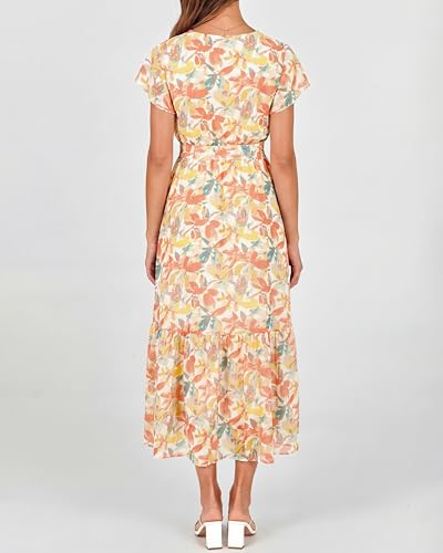 Image of BTFBM Women Summer Bohemian Floral Casual Wrap V Neck Ruffle Cap Sleeveless Belt A-Line Pleated Hem Midi Sun Dress White