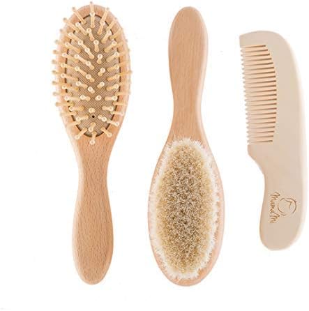 Wooden Baby Hair Brush and Comb Set for Newborns and Toddlers | Eco-Friendly Safe Brush for Cradle Cap | Wood Bristles Baby Brush for Massage | Perfect for Baby Registry